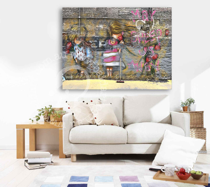 A cozy living room featuring a couch and a colorful painting hanging on the wall.