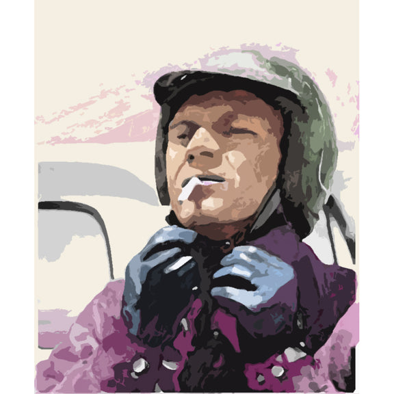 A man wearing a helmet and gloves is smoking a cigarette, standing in an outdoor setting.