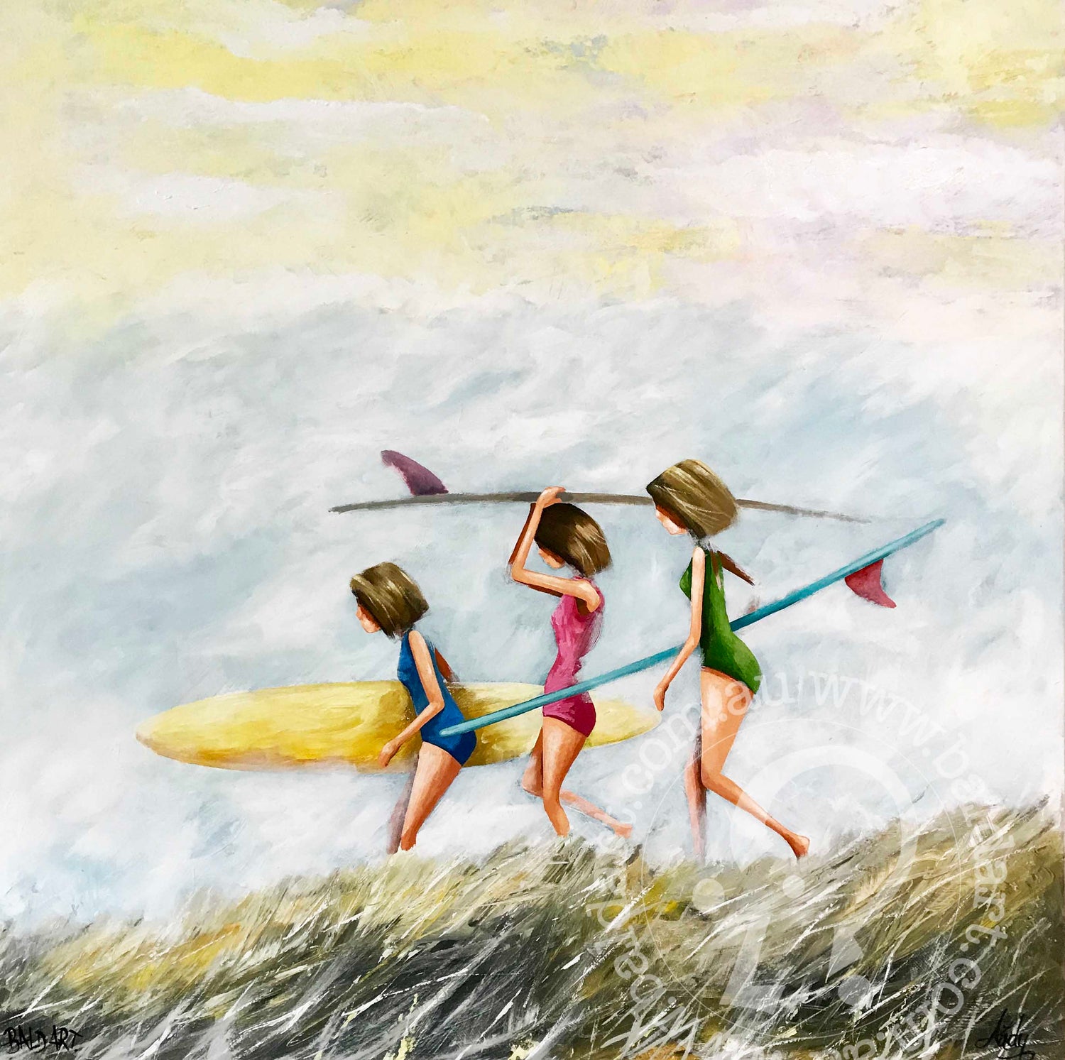 A canvas artwork featuring three silhouettes of people on the beach with surfboards, depicted in a vibrant and colorful style.