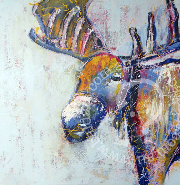 Abstract painting featuring a moose with prominent antlers, showcasing vibrant colors and dynamic brush strokes.