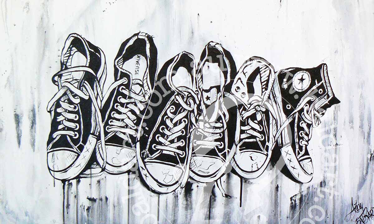 A colorful painting featuring a group of black and white sneakers, highlighting their shapes and patterns in a creative way.