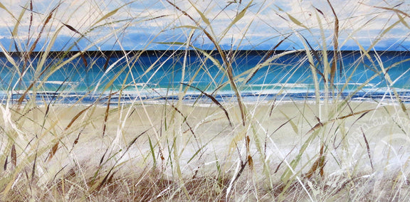 A vibrant painting depicting lush grass and soft sand on a serene beach.