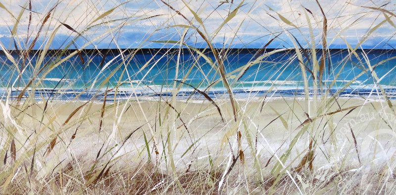 A vibrant painting depicting lush grass and soft sand on a serene beach.