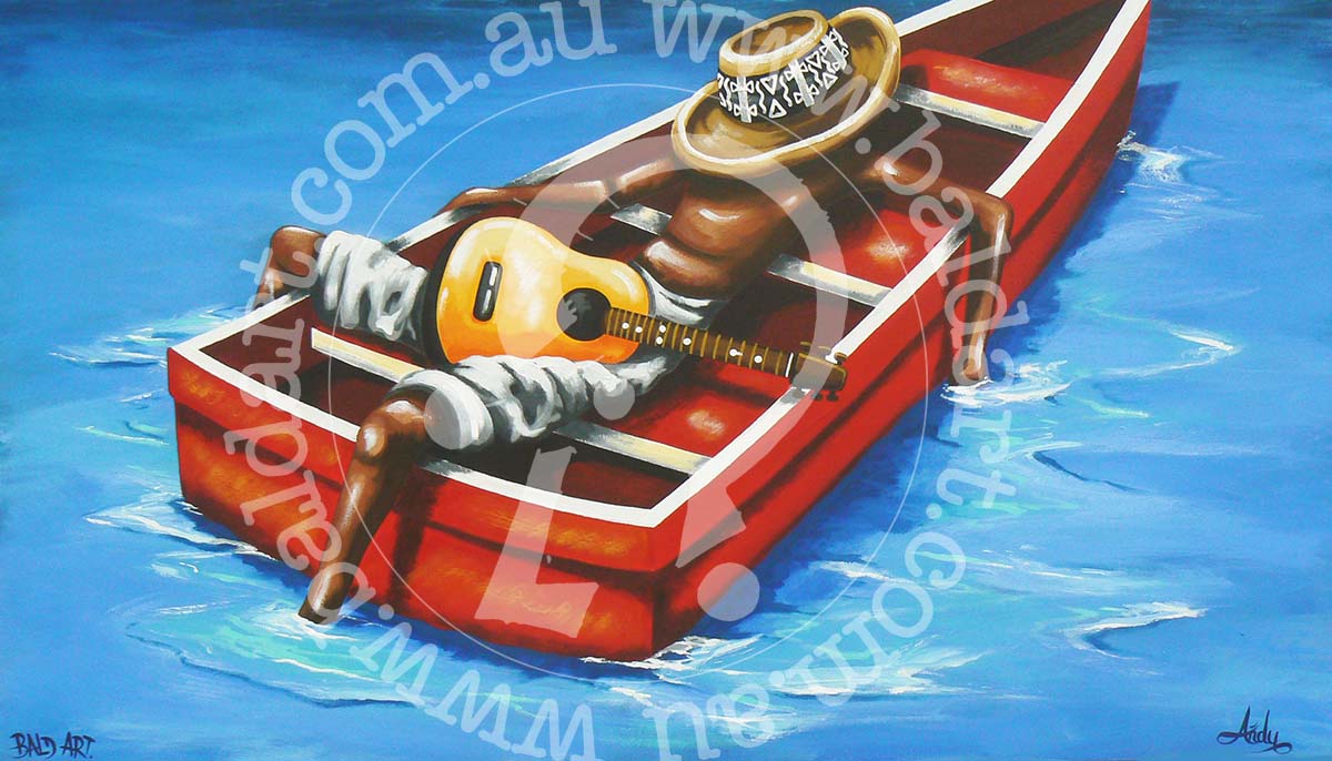 A painting of a man in a red boat, strumming a guitar, set against a tranquil water backdrop.
