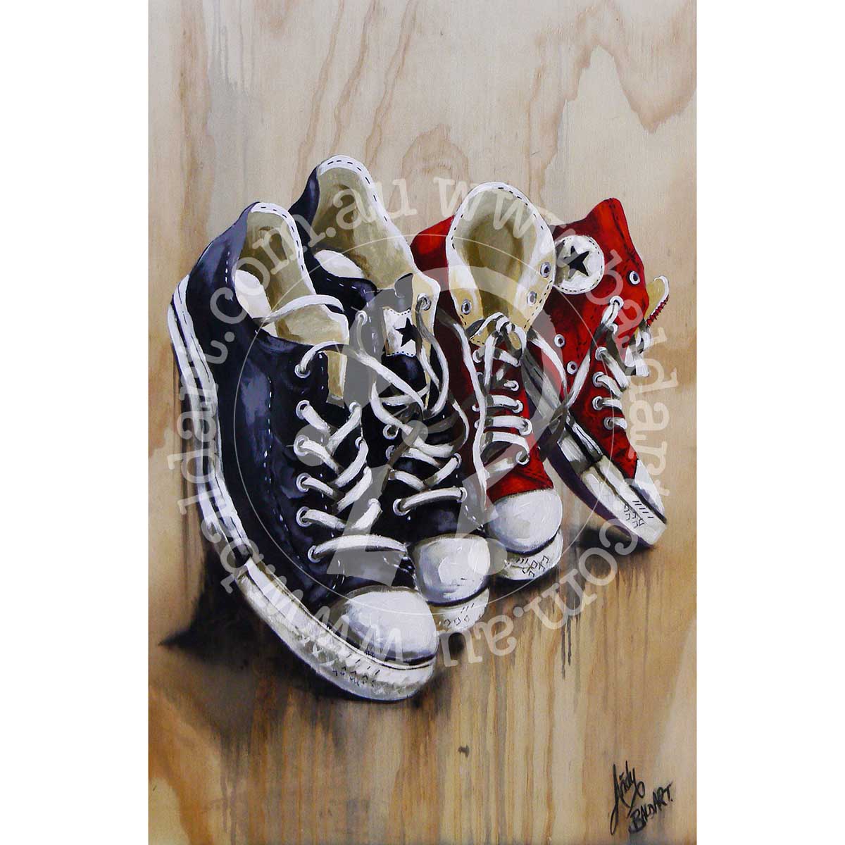 A painting of various sneakers in different colors on a wooden background, signed by the artist.
