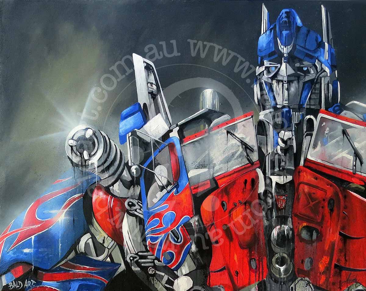 A canvas artwork featuring the character Optimus Prime from Transformers with a stylized, contemporary art style.