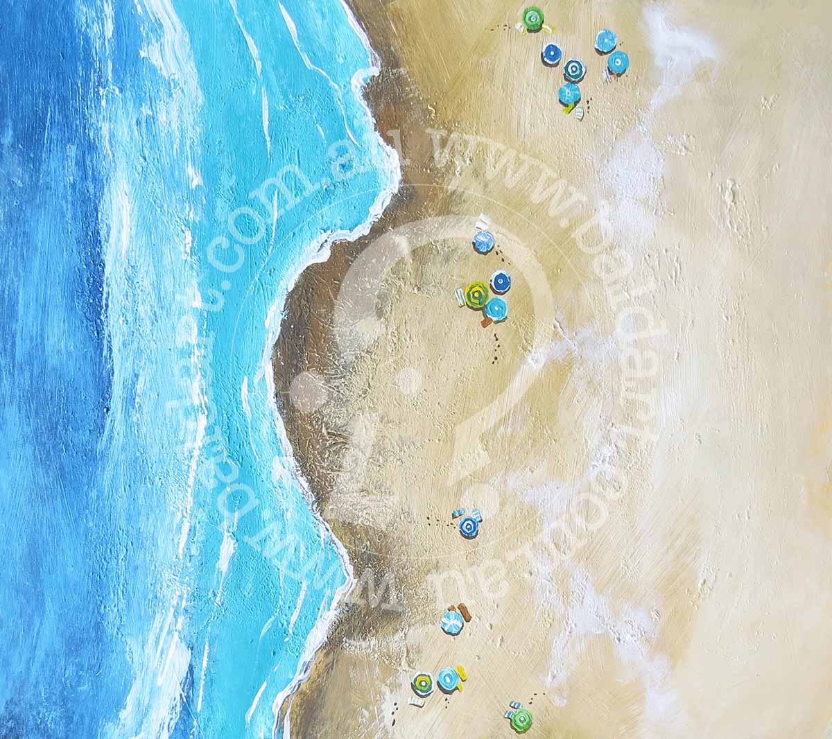 A vibrant artistic print featuring a stylized beach scene with abstract and geometric shapes in multiple colors on a blue background.