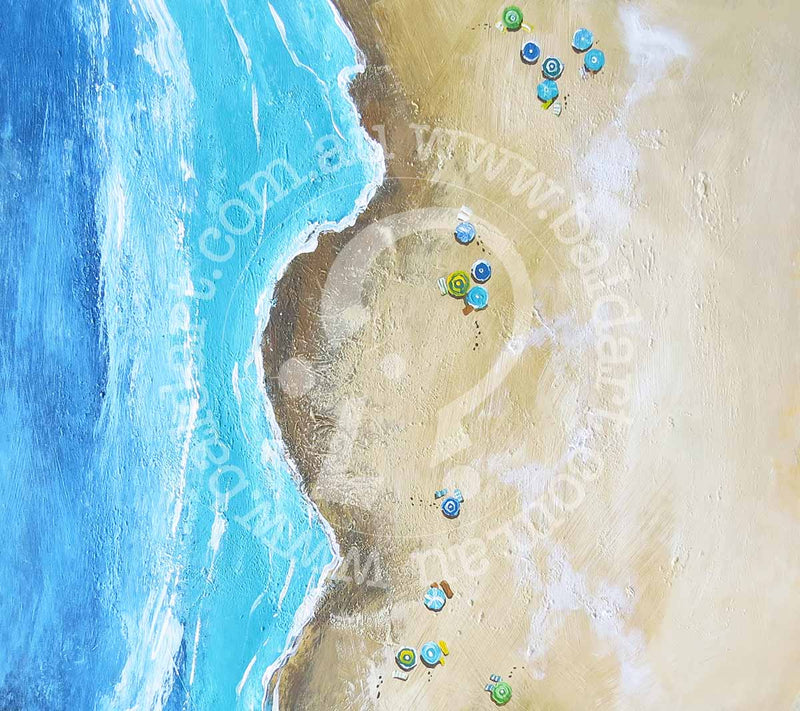 A vibrant artistic print featuring a stylized beach scene with abstract and geometric shapes in multiple colors on a blue background.