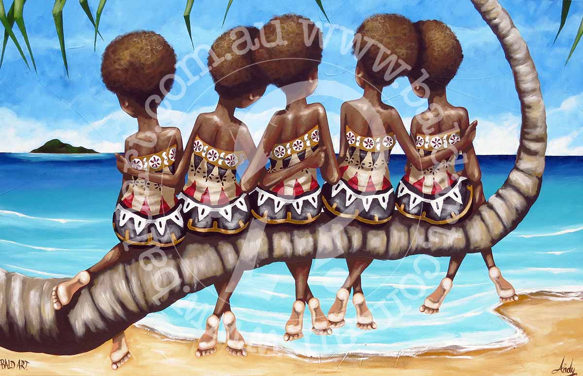 A colorful artistic print featuring a group of stylized figures sitting on a palm tree, with a vibrant blue sky and ocean background.