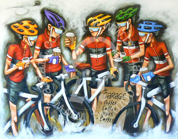 A contemporary artwork featuring a group of cartoon-style cyclists in red outfits and helmets, holding beers and interacting with a 'Garage Coffee' sign.