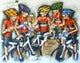 A contemporary artwork featuring a group of cartoon-style cyclists in red outfits and helmets, holding beers and interacting with a 'Garage Coffee' sign.