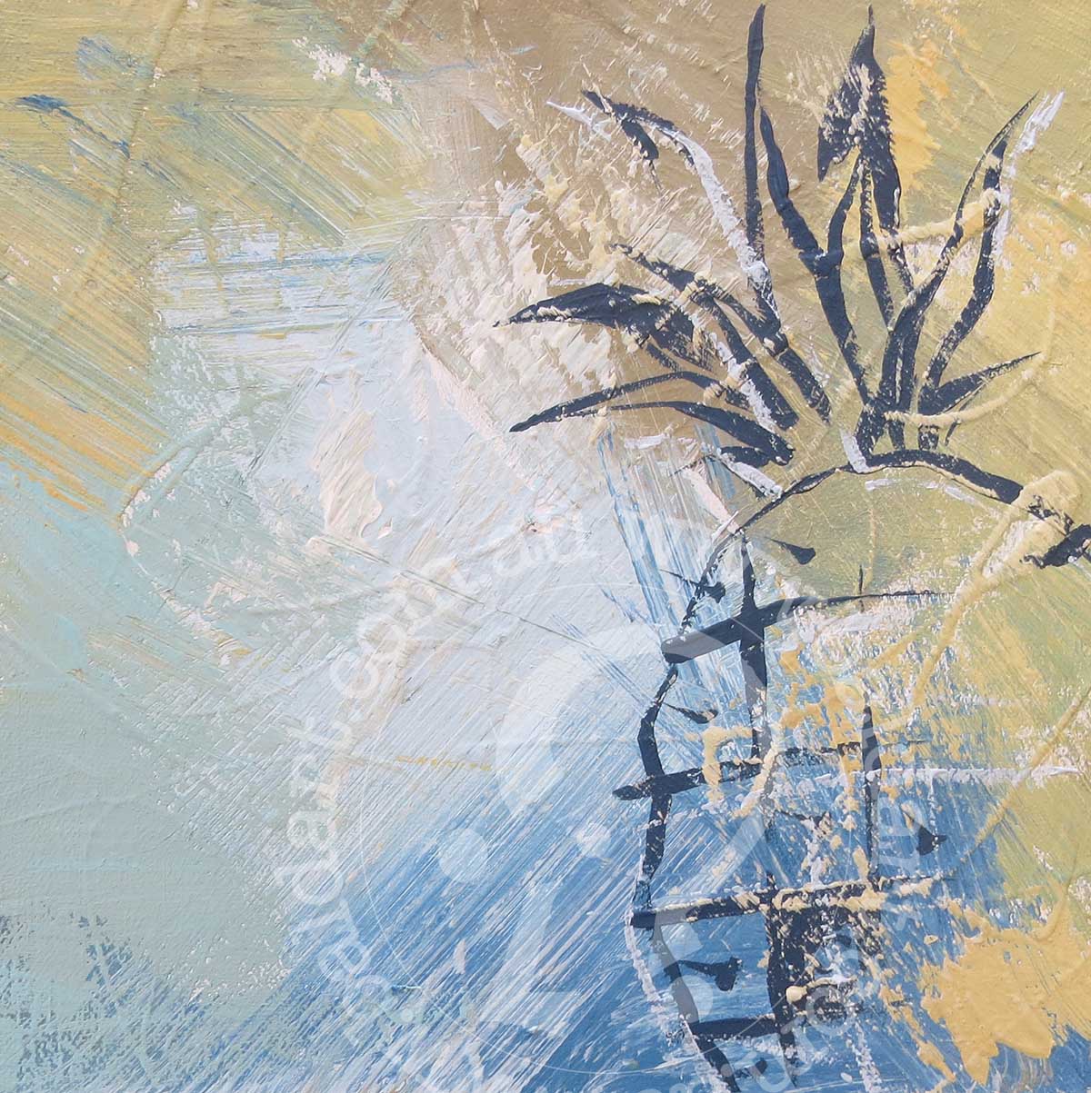 Abstract painting of a pineapple set against a vibrant blue and yellow background.