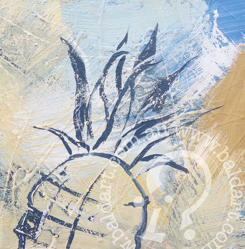 This image features "Pineapple parade 2," a compelling piece of contemporary art created by Andy Baker. The artwork, depicted in a vivid and expressive style, portrays a stylized pineapple amidst dynamic, swirling hues of blue and yellow.