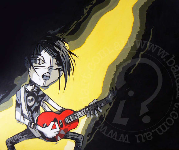 An artwork showing a man energetically strumming an electric guitar, immersed in music.
