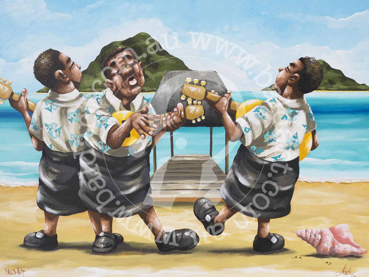Three men joyfully playing ukuleles on a beach, surrounded by sand and ocean, captured in a vibrant painting.