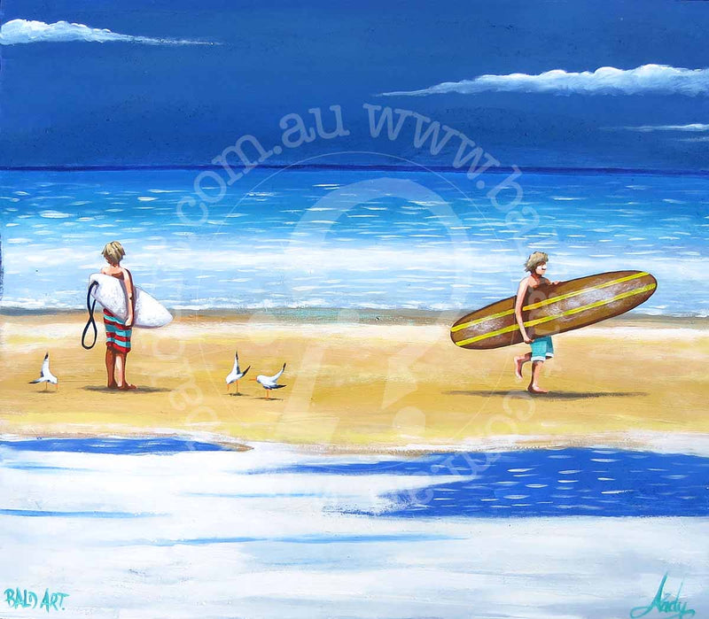An artwork showing two boys standing on the beach with surfboards, enjoying a sunny day by the ocean.