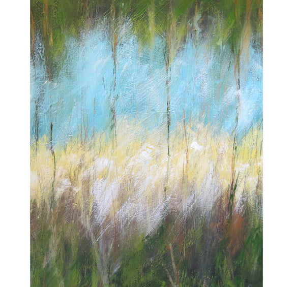 Colorful abstract artwork depicting grass and trees, blending various shades of green in an imaginative design.
