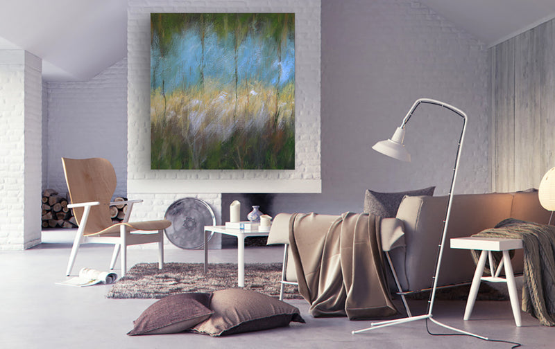  A well-furnished living room showcasing a couch, a chair, a lamp, and an eye-catching painting above the furniture.