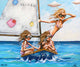 A painting of three women sailing a small boat, with a clear blue sky and clouds in the background. The women are wearing sunglasses and bathing suits, giving a playful and summery vibe to the image.