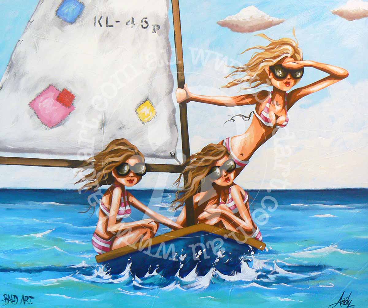 A painting of three women sailing a small boat, with a clear blue sky and clouds in the background. The women are wearing sunglasses and bathing suits, giving a playful and summery vibe to the image.
