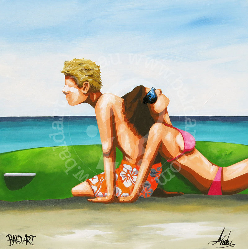 A painting of a man and a woman lying on a surfboard in the sand at the beach, with the man facing the woman, who is facing away from him. Both are wearing swimwear and the background includes the ocean and sky.