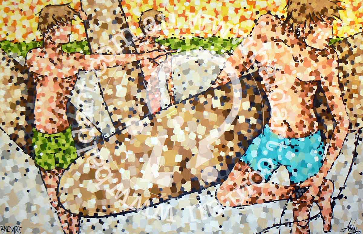 A colorful artwork featuring a stylized representation of shorts and a longboard, with abstract and figurative elements.