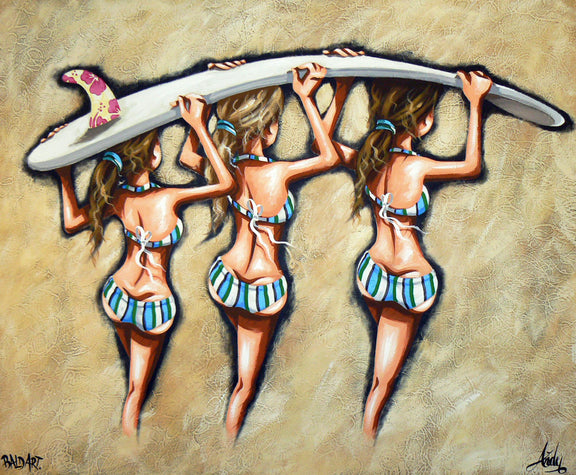 A canvas print featuring a stylized illustration of three female figures wearing bikinis and carrying a surfboard, with a beach setting background.