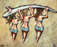 A canvas print featuring a stylized illustration of three female figures wearing bikinis and carrying a surfboard, with a beach setting background.
