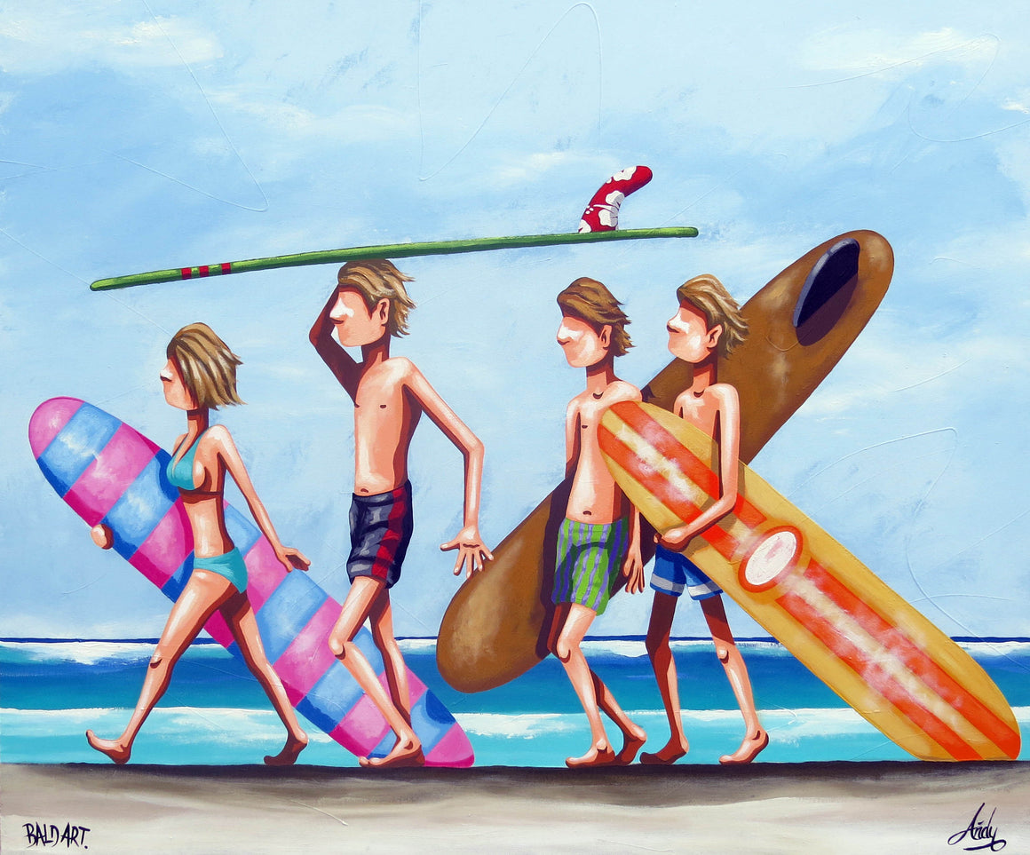  A colorful painting of a group of people strolling along a sandy beach under a bright blue sky.