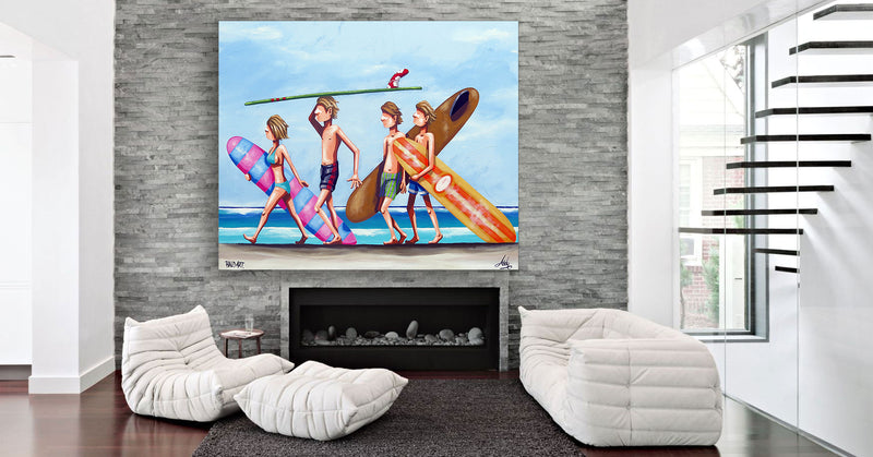 A vibrant painting of three women standing with surfboards against a colorful wall backdrop.