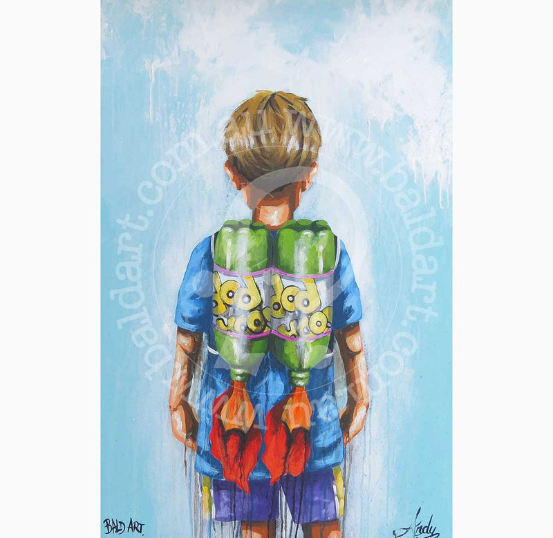 A boy with a backpack stands in awe as a vibrant rocket launches above him in this imaginative painting.