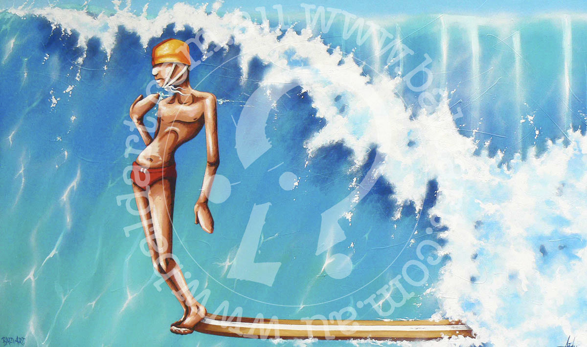 A stylized, limited edition print artwork featuring a figure surfing a large wave, with a vibrant blue and white color palette and a yellow surfboard.