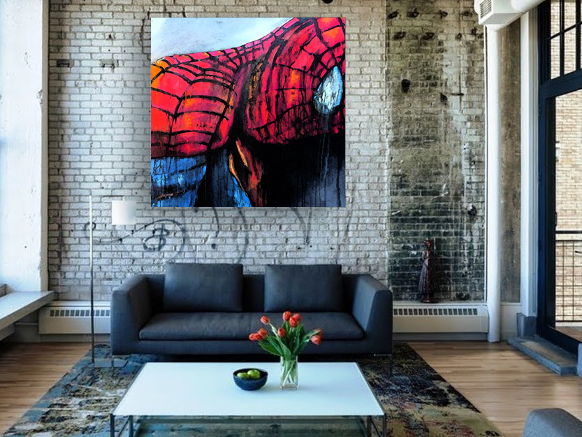 A large canvas print featuring a stylized, contemporary interpretation of Spider-Man in a red and blue costume on a white background, displayed in a living room setting.