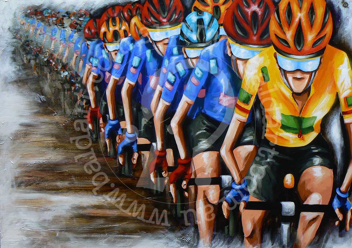 Sven contemporary bicycle wall art by Bald Art, showcasing dynamic racing cyclists in motion from The Cycle Series.