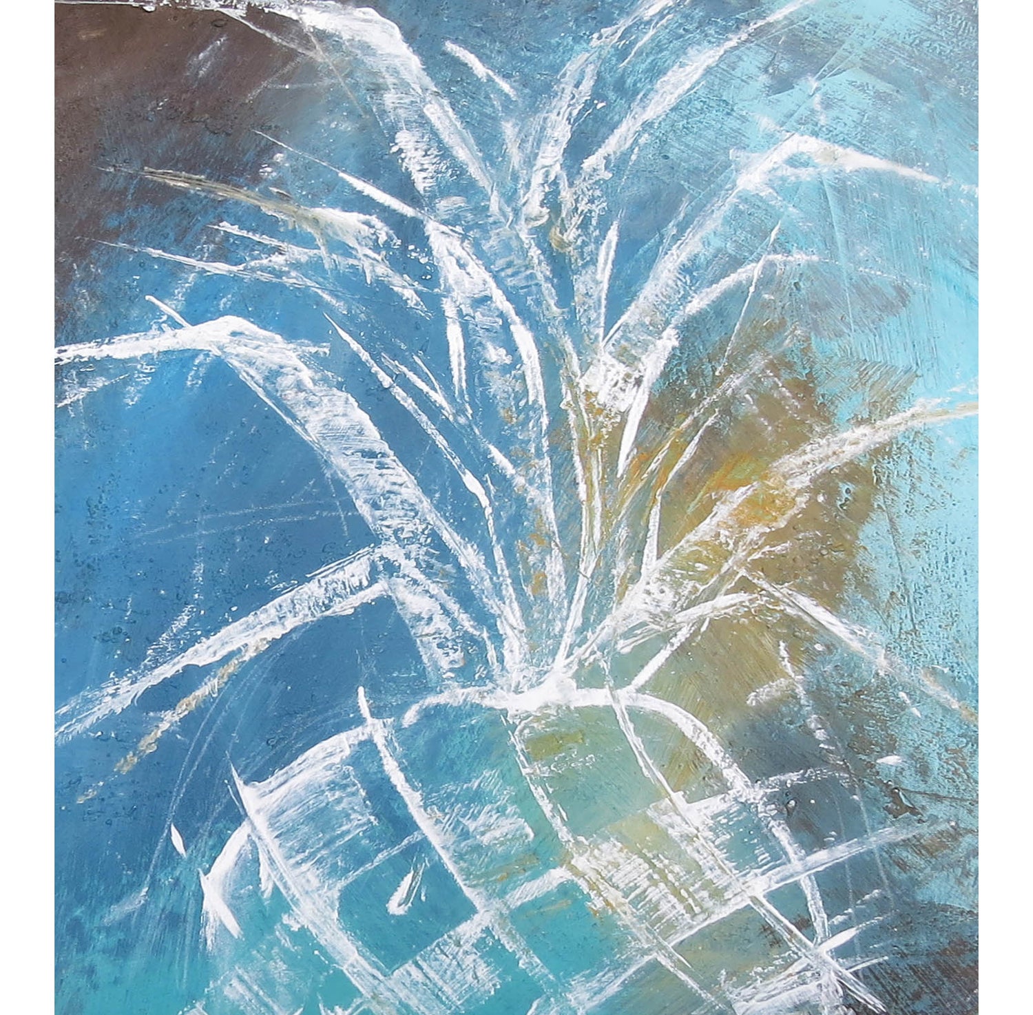 Limited edition canvas print featuring an abstract representation of a pineapple with white and yellow strokes on a blue background.