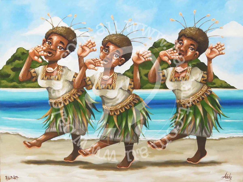 A colorful artwork featuring three stylized figures on the beach, part of the 'Song and Sarongs' series by Andy Baker.