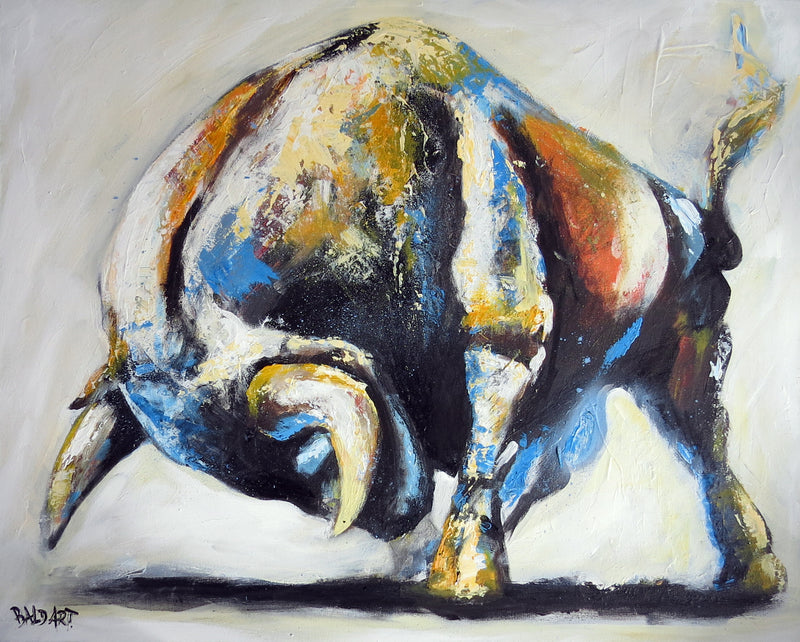 An oil painting depicting a bull with its horns raised, showcasing its strength and power in a vibrant color palette.