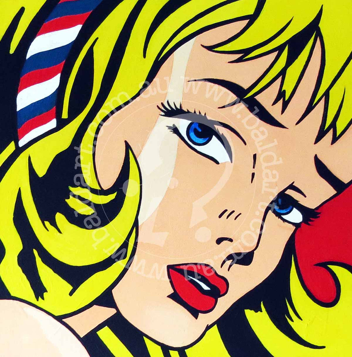 A limited edition print featuring a stylized, colorful depiction of a woman's face with a expressionistic style, signed by the artist.