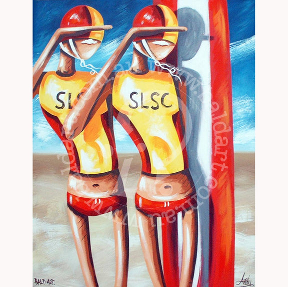 A painting featuring two stylized figures in yellow and red swimwear against a beach and surf-themed background, signed by the artist.