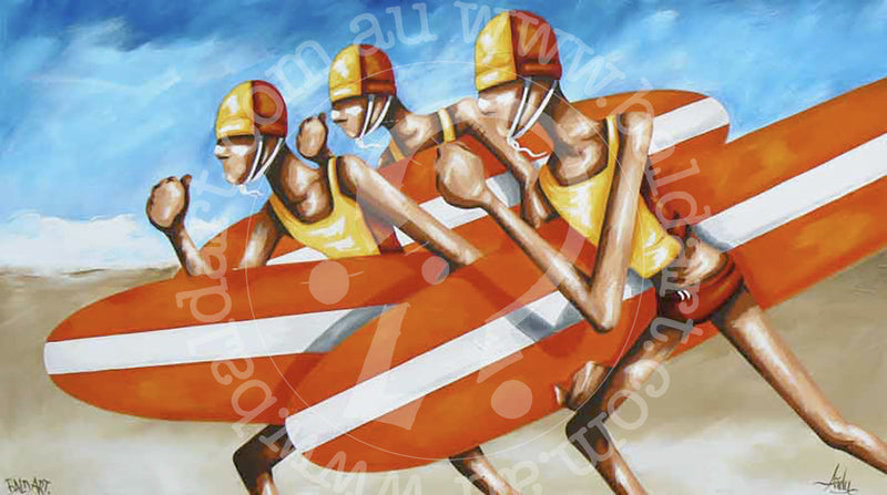 A painting featuring stylized figures representing surfers on a surfboard, with a yellow and red color scheme and a blue sky background.