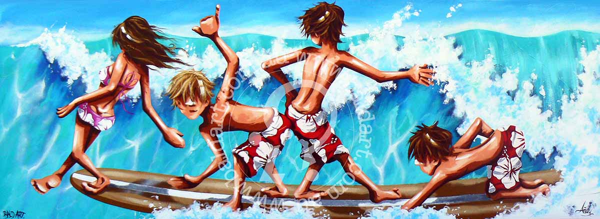 Surfers riding waves at a sunny beach, with clear blue skies and gentle ocean waves in the background.