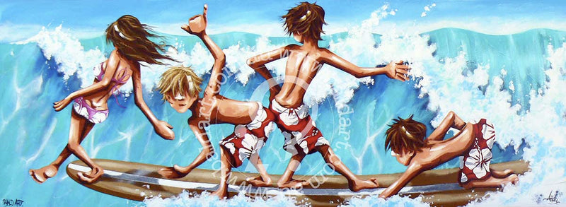 Surfers riding waves at a sunny beach, with clear blue skies and gentle ocean waves in the background.