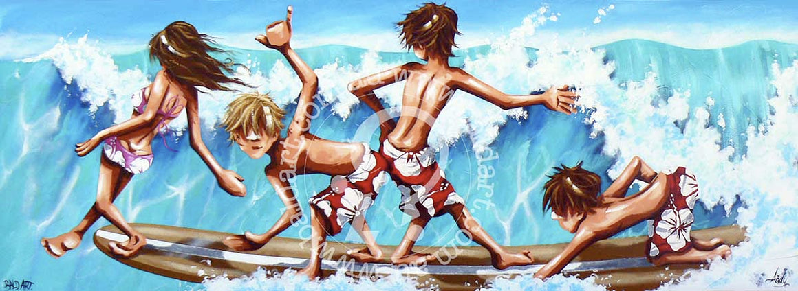 Surfers riding waves at a sunny beach, with clear blue skies and gentle ocean waves in the background.