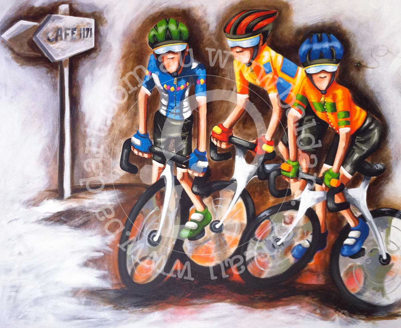 Trevor bicycle wall art painting by Bald Art, featuring a humorous and colorful cycling scene from The Cycle Series.
