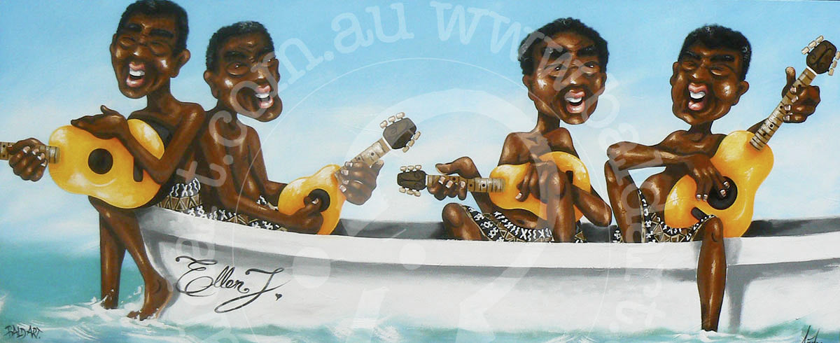 Island music beach art titled 'Guitars and Sandbars' on canvas, depicting a quartet of musicians playing guitars in a boat on turquoise tropical water.
