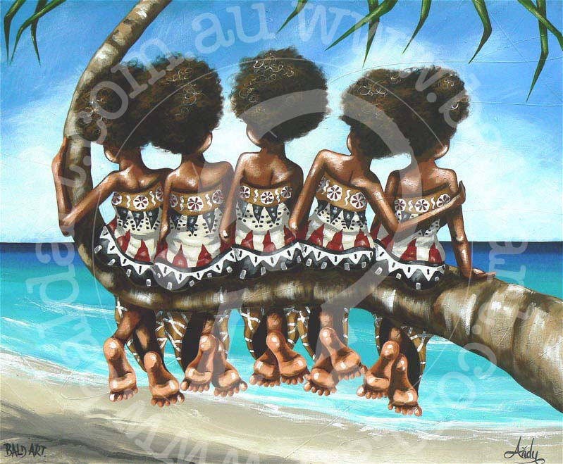 Tropical friendship art titled 'Palm Tree Pals' on canvas, showing a row of friends in matching traditional Fiji attire sitting on a leaning palm tree branch.