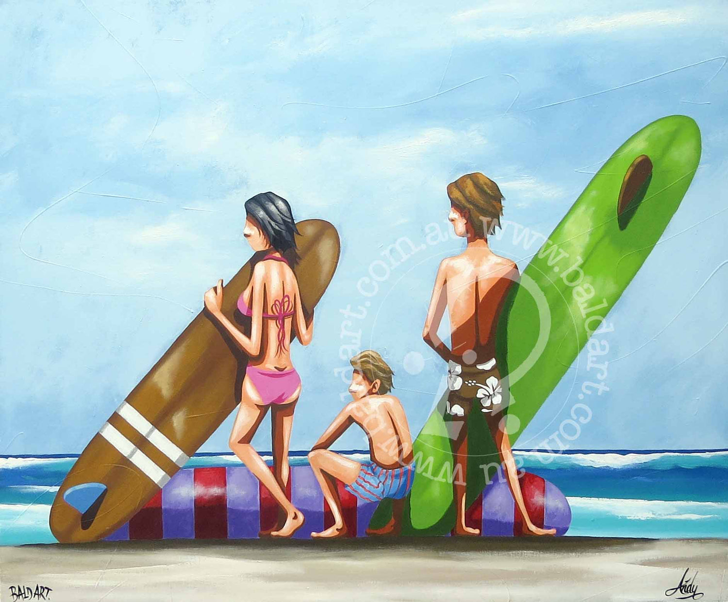 Colorful artwork depicting three individuals on a sandy beach, ready to surf with their surfboards under a clear sky.