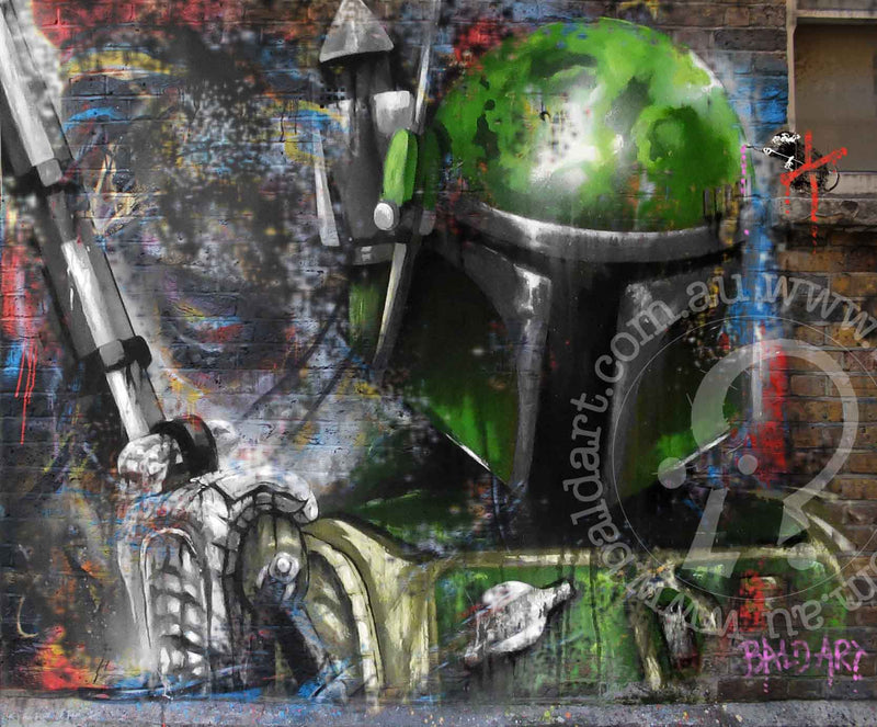 A contemporary art piece featuring a character resembling a popular Star Wars villain, predominantly in green and black colors with a graffiti-style background.