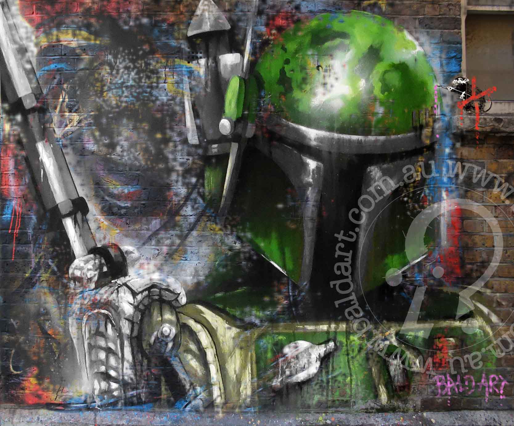 A contemporary art piece featuring a character resembling a popular Star Wars villain, predominantly in green and black colors with a graffiti-style background.