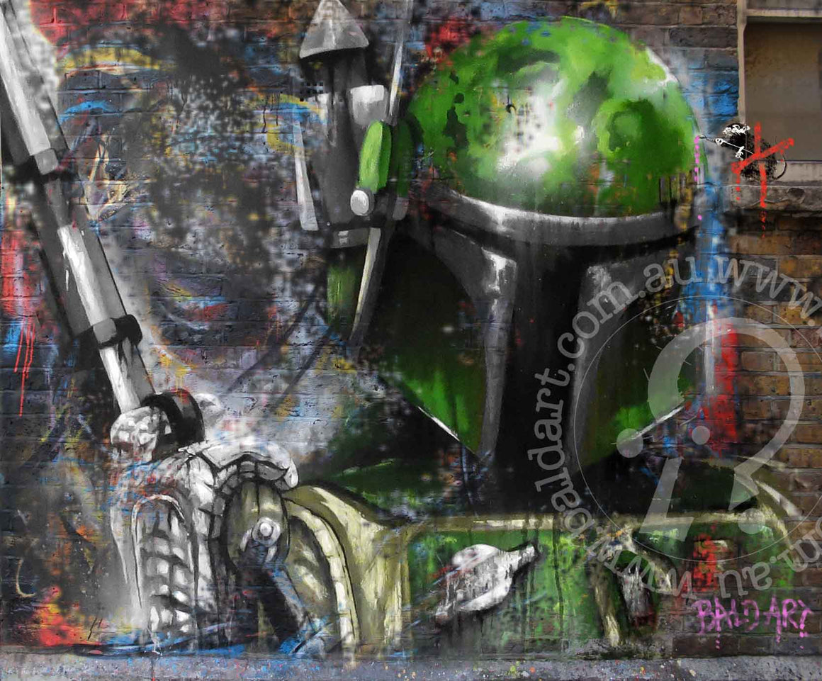 A contemporary art piece featuring a character resembling a popular Star Wars villain, predominantly in green and black colors with a graffiti-style background.